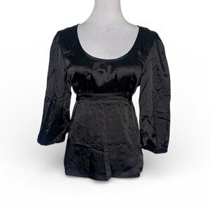 The Limited Black Silk Satin Empire Waist Blouse Tie Back 3/4 Sleeve Size S